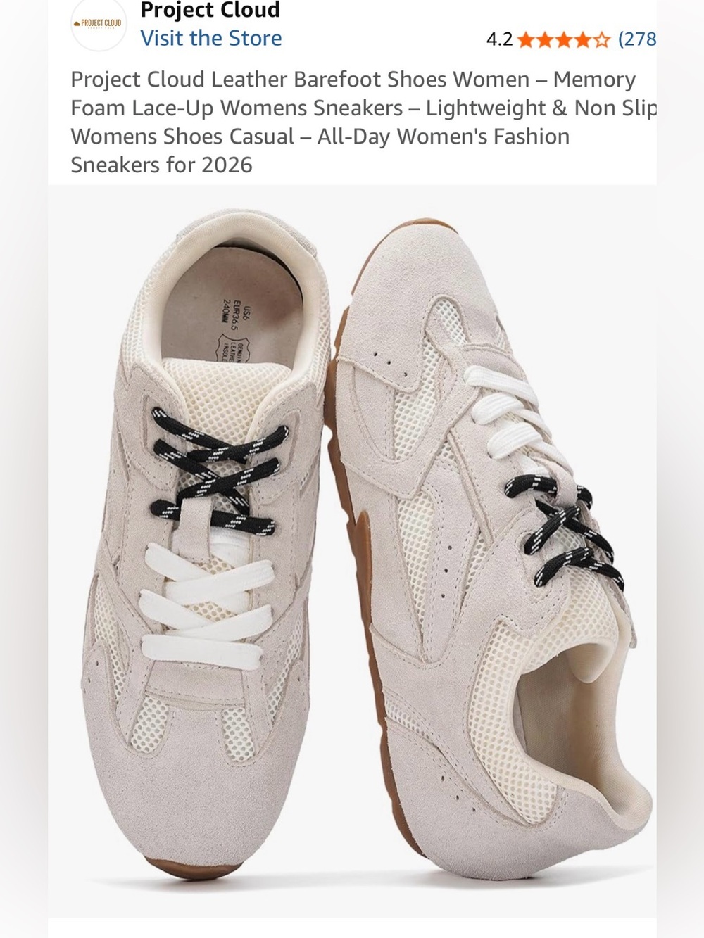 Project Cloud Leather Barefoot  Women’s Memory Foam Lace-Up Sneakers. Size 8.